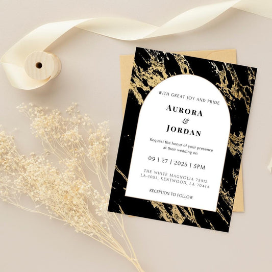Black and Gold Marble Wedding Invitation and RSVP Cards Template