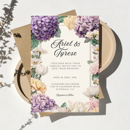 Purple & Yellow Floral Wedding Invitation Template | Printable Canva Design | Elegant Cream Invite