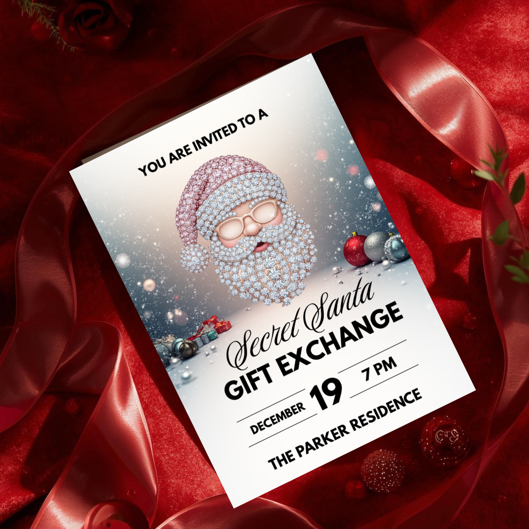 Glam Secret Santa Invitation | Pink Rhinestone Santa Holiday Party Invite | Editable Canva Template | Christmas Gift Exchange Invitation