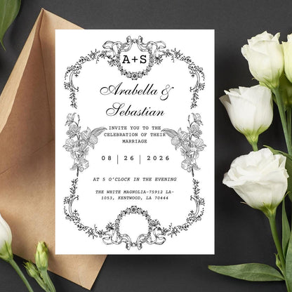 Custom Elegant Wedding Invitation – Personalized Design | Vintage Floral Frame | Print-Ready File + Optional Canva Link