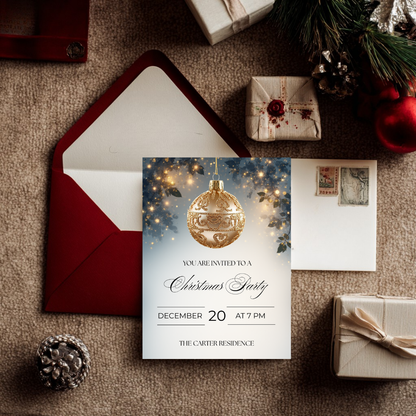 Christmas Party Invitation | Golden Ornament Canva Template