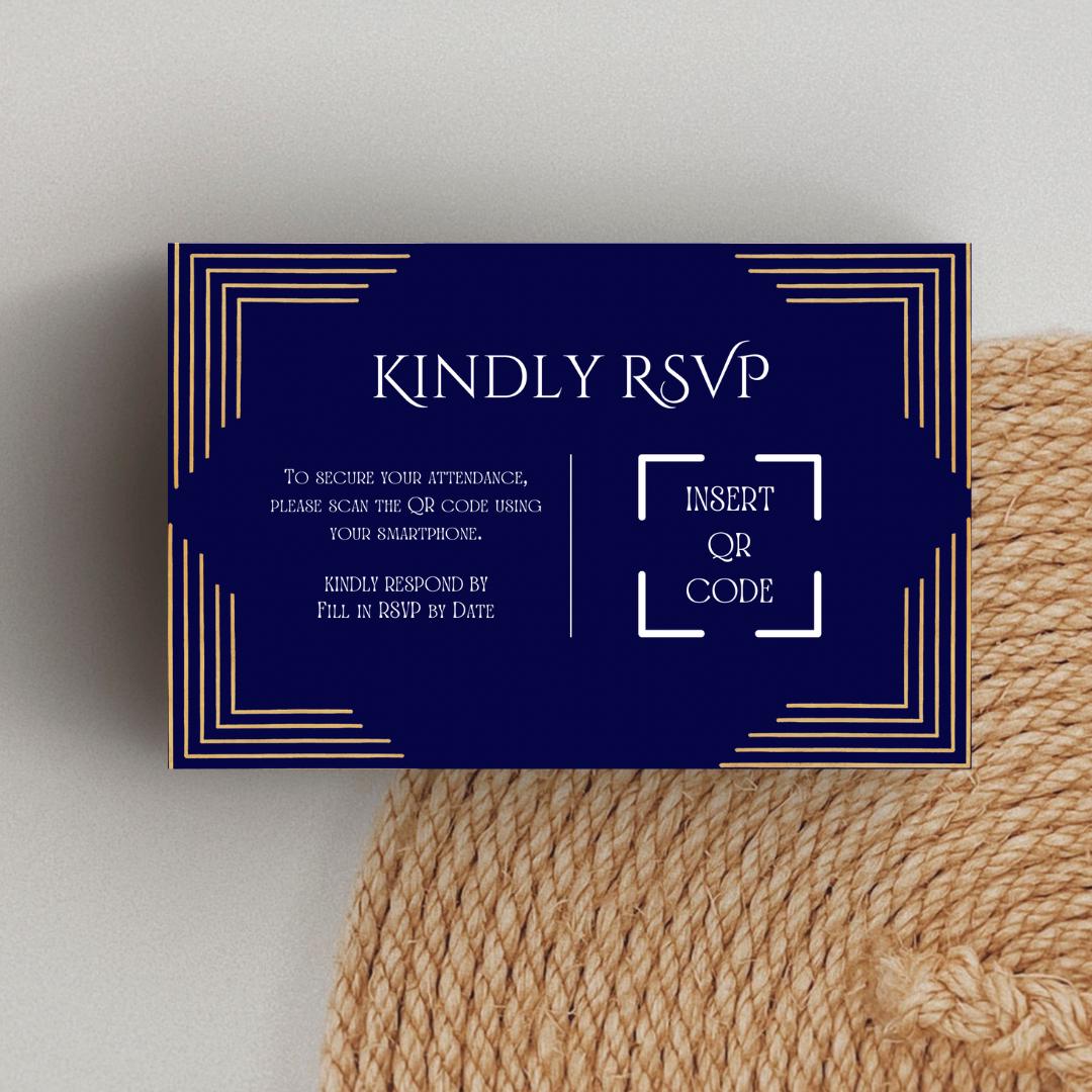Royal Blue & Gold Wedding Invitation and RSVP Cards  Template | Art Deco Canva Design