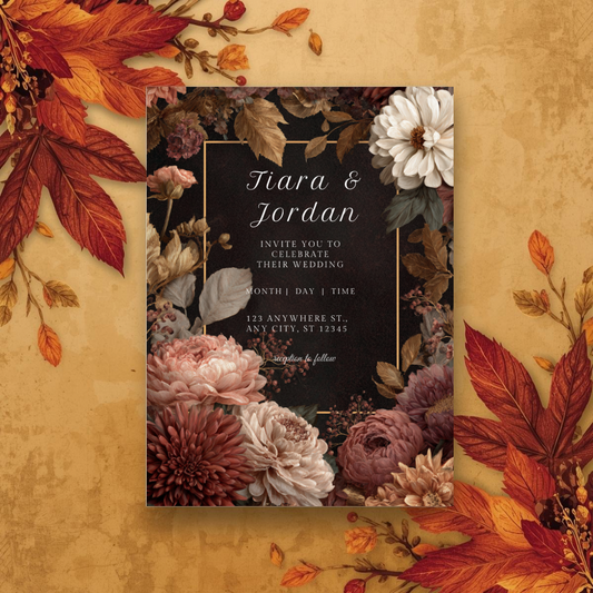 Dark Floral Wedding Invitation Template | Burgundy & Cream Printable | Elegant Canva Design