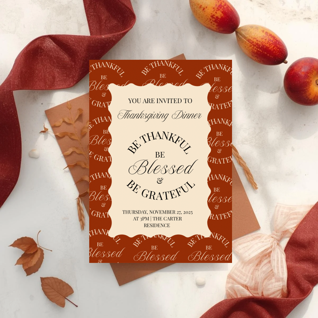 Be Thankful Blessed and Grateful Thanksgiving Invitation Template | Friendsgiving Dinner Party Invite | Fall Gathering Editable Canva Template