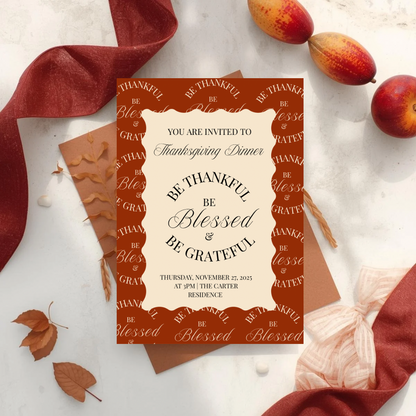 Be Thankful Blessed and Grateful Thanksgiving Invitation Template | Friendsgiving Dinner Party Invite | Fall Gathering Editable Canva Template