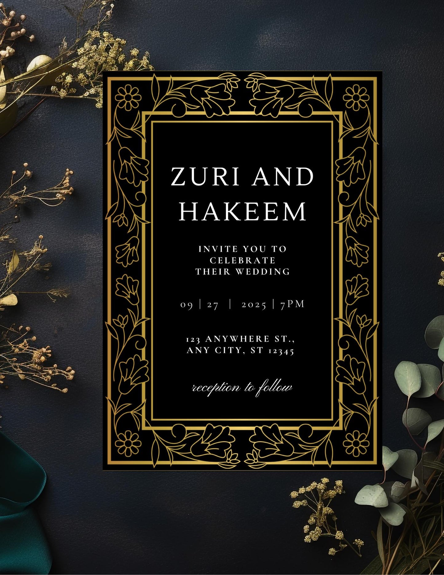 Black & Gold Wedding Invitation and RSVP Cards Template | Luxe Formal Canva Invite