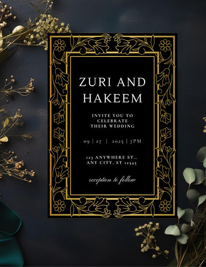 Black & Gold Wedding Invitation and RSVP Cards Template | Luxe Formal Canva Invite