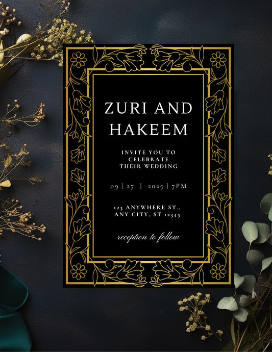 Black & Gold Wedding Invitation and RSVP Cards Template | Luxe Formal Canva Invite