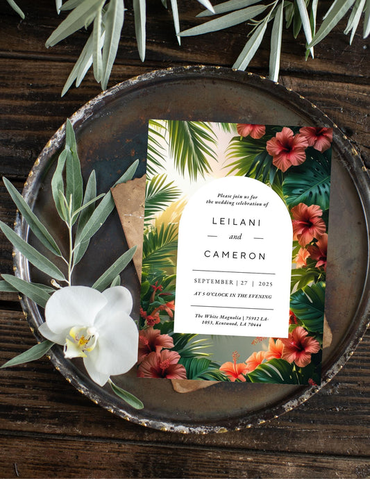 Tropical Floral Wedding Invitation Template | Editable Canva Download | Hibiscus & Palm Leaves Summer Invite |
