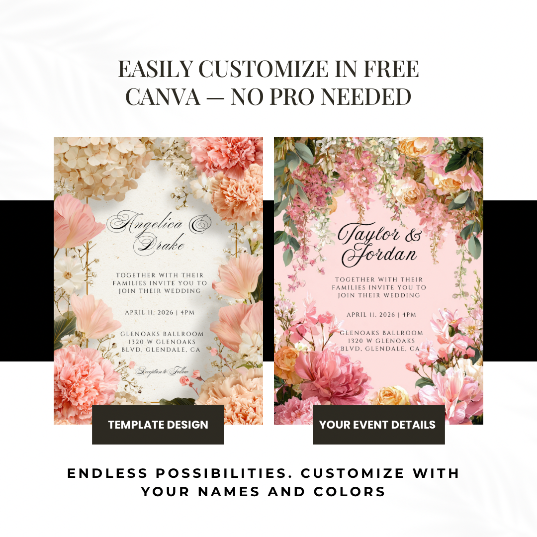 Cream Floral Wedding Invitation Template | Pink Carnation Printable | Elegant Canva Design