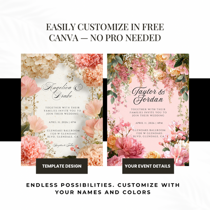 Cream Floral Wedding Invitation Template | Pink Carnation Printable | Elegant Canva Design