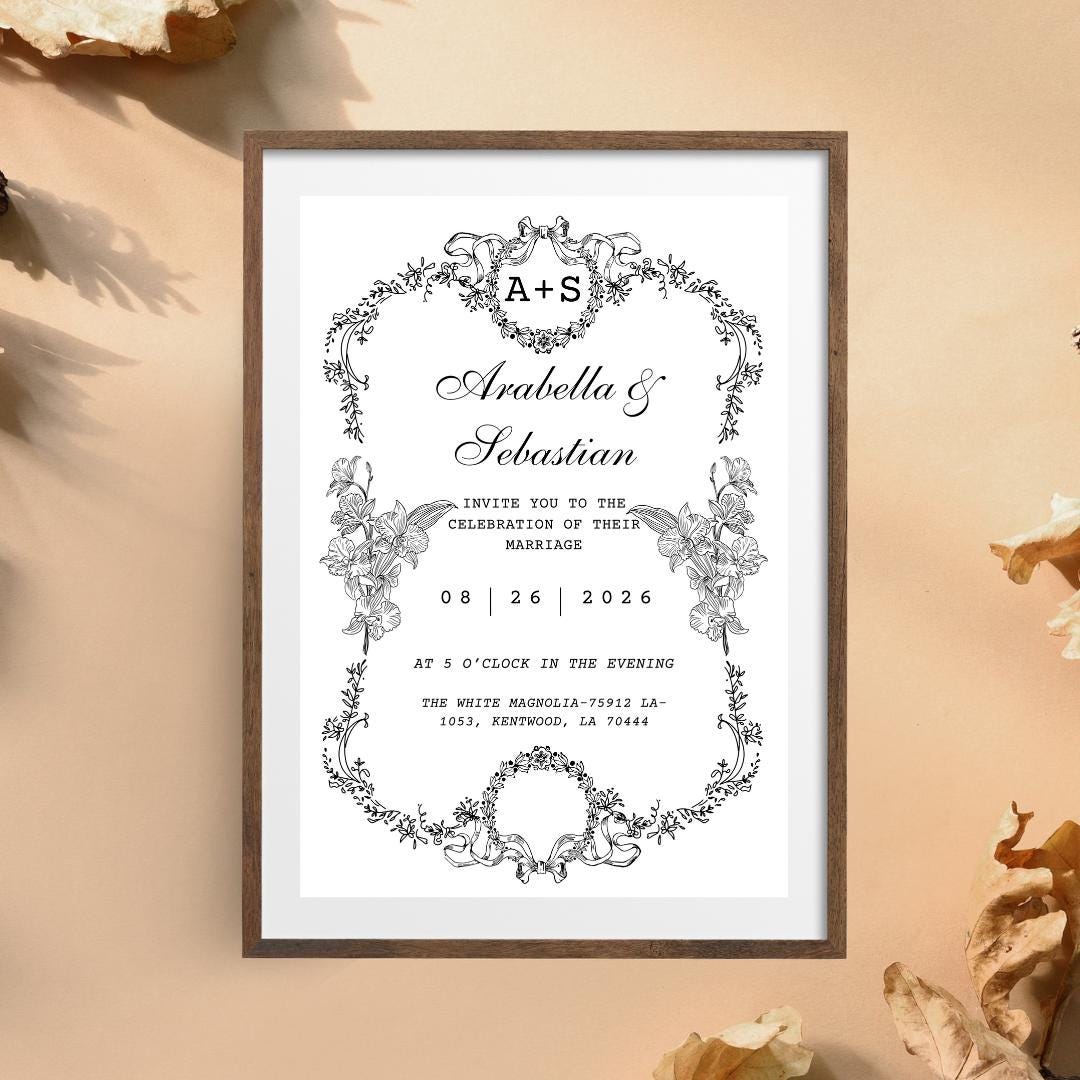Custom Elegant Wedding Invitation – Personalized Design | Vintage Floral Frame | Print-Ready File + Optional Canva Link