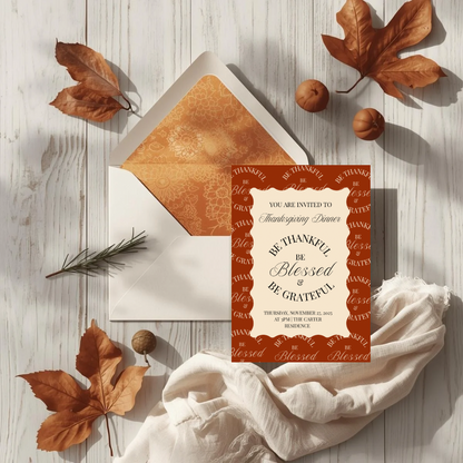 Be Thankful Blessed and Grateful Thanksgiving Invitation Template | Friendsgiving Dinner Party Invite | Fall Gathering Editable Canva Template