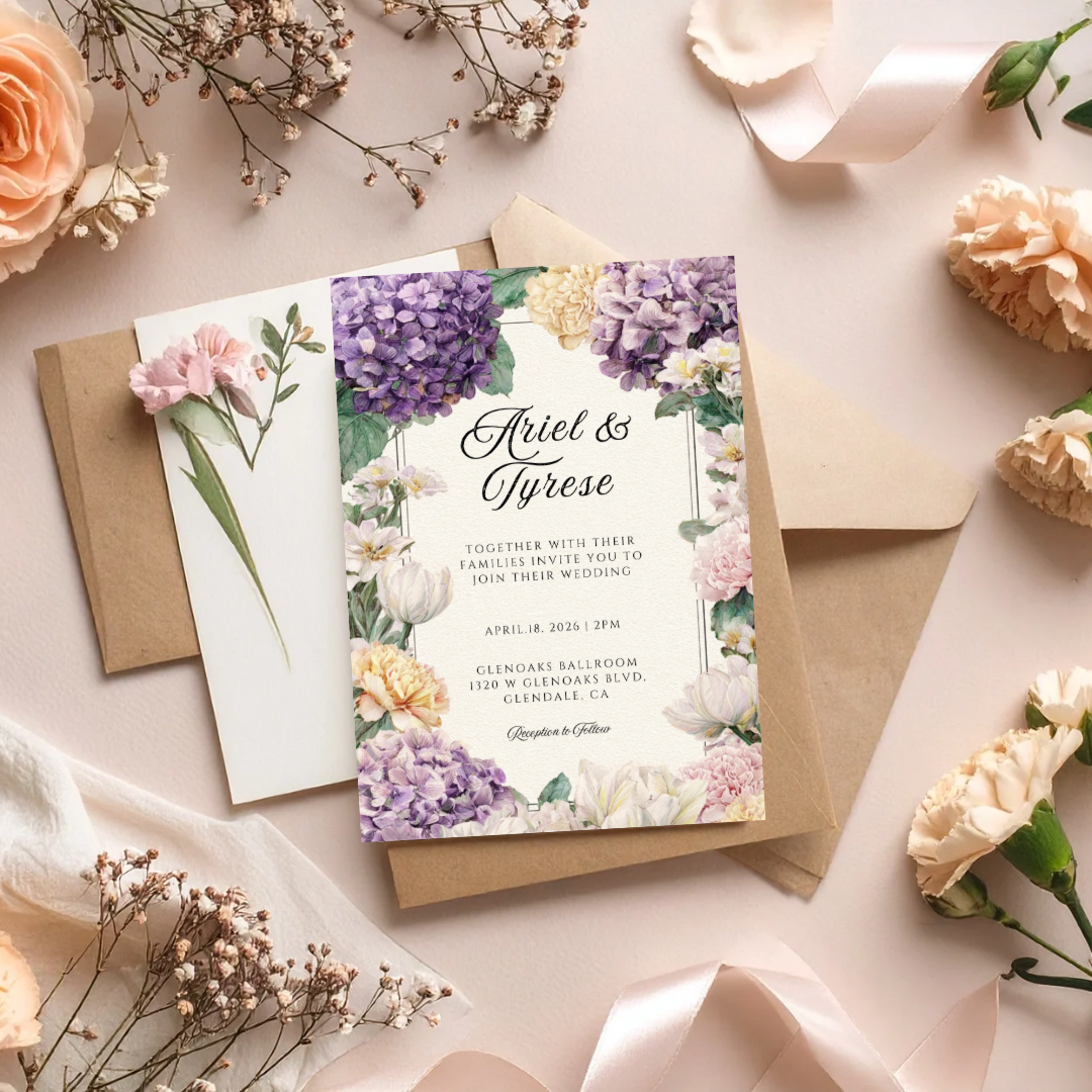 Purple & Yellow Floral Wedding Invitation Template | Printable Canva Design | Elegant Cream Invite