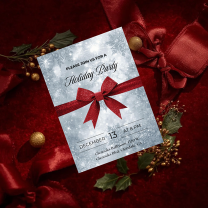 Classic Holiday Party Invitation – Red Bow & Snowflakes Canva Template