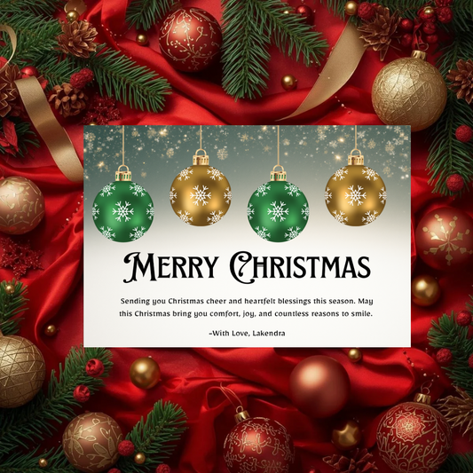 Editable Canva Christmas Card Template | Instant Download | Fully Customizable Gold & Green Ornament Holiday Card | Printable Digital Greeting