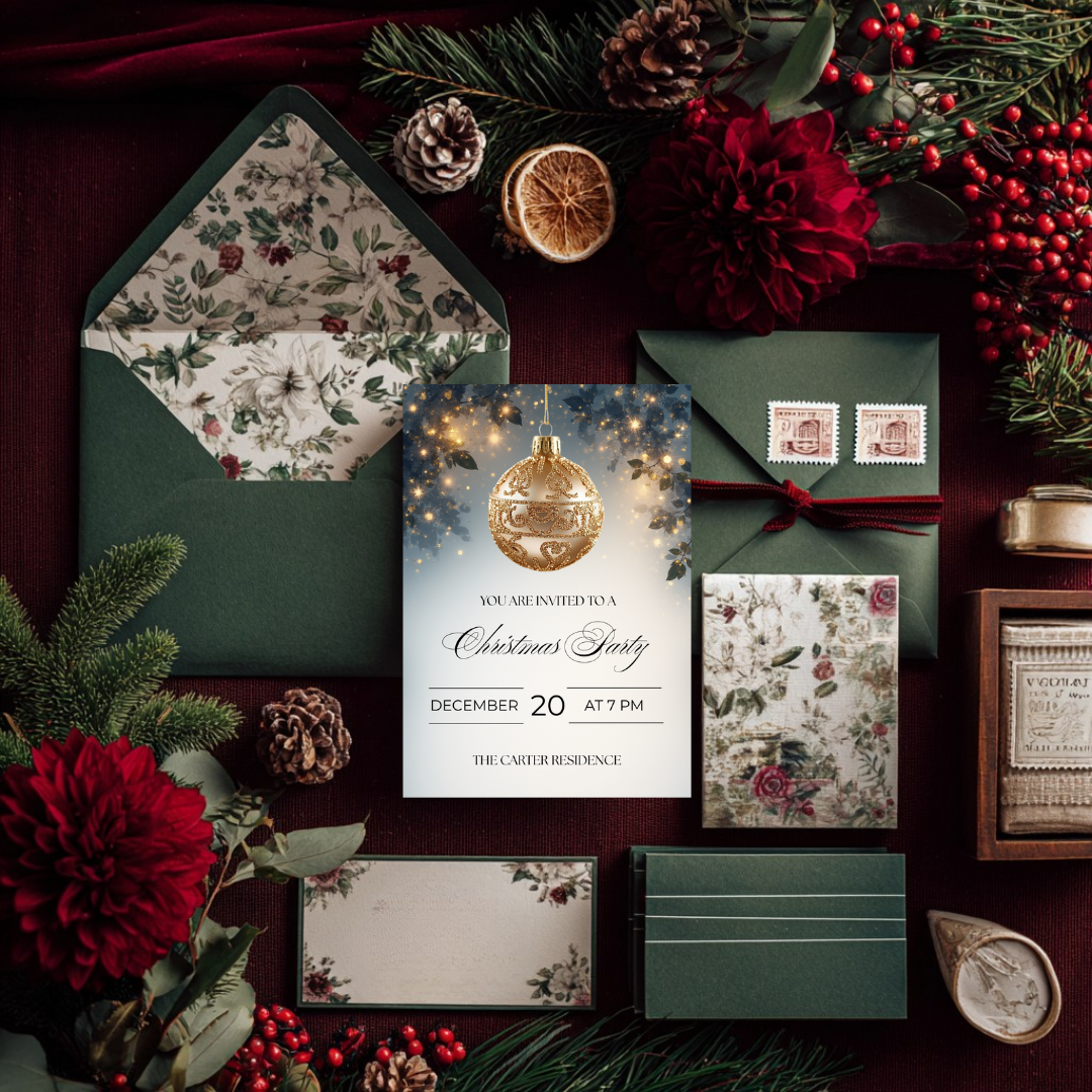 Christmas Party Invitation | Golden Ornament Canva Template