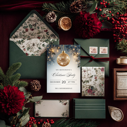 Christmas Party Invitation | Golden Ornament Canva Template