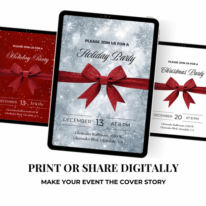 Classic Holiday Party Invitation – Red Bow & Snowflakes Canva Template