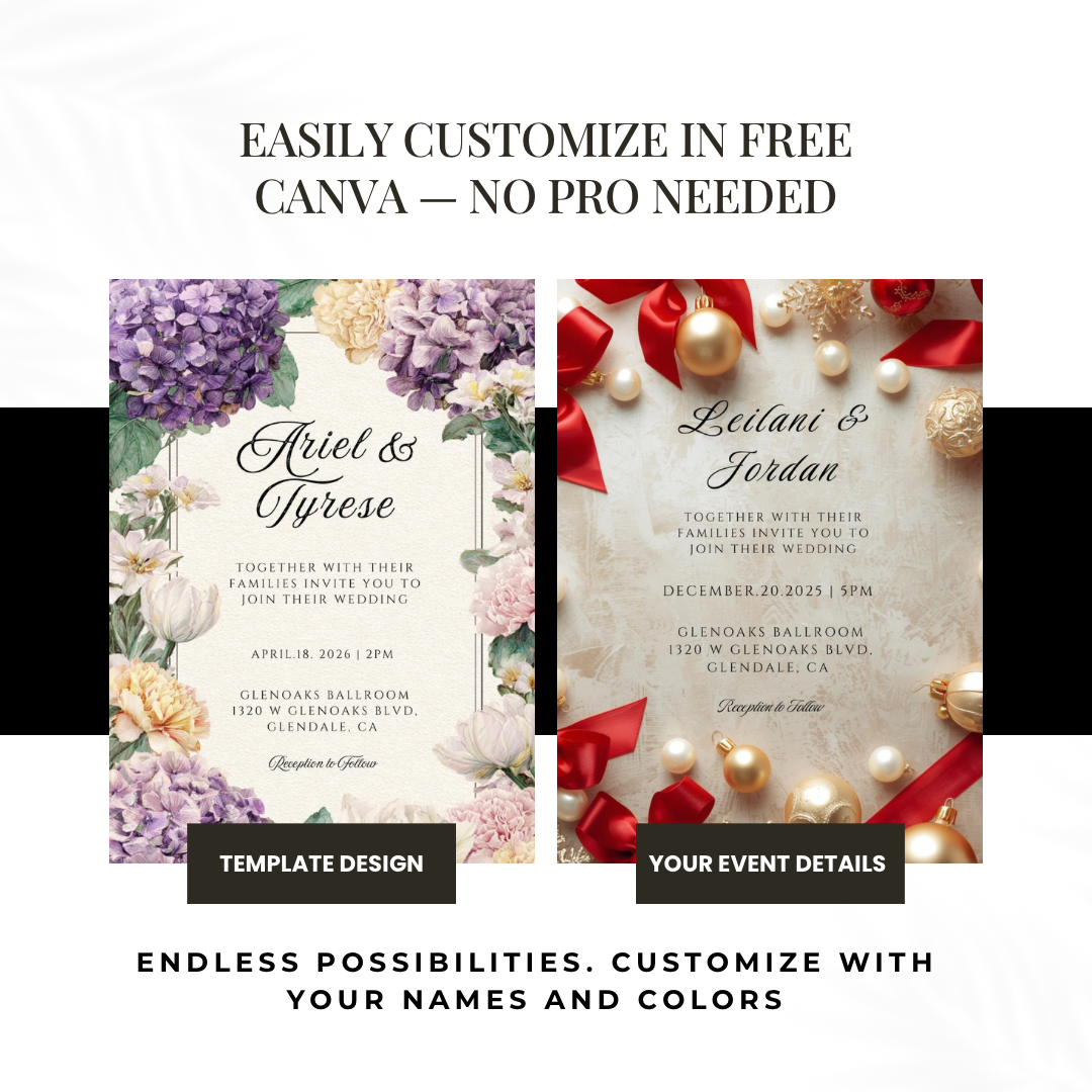 Purple & Yellow Floral Wedding Invitation Template | Printable Canva Design | Elegant Cream Invite