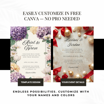 Purple & Yellow Floral Wedding Invitation Template | Printable Canva Design | Elegant Cream Invite