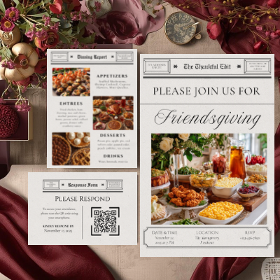 Newspaper Friendsgiving Invitation Suite | Thanksgiving Dinner Invitation Templates