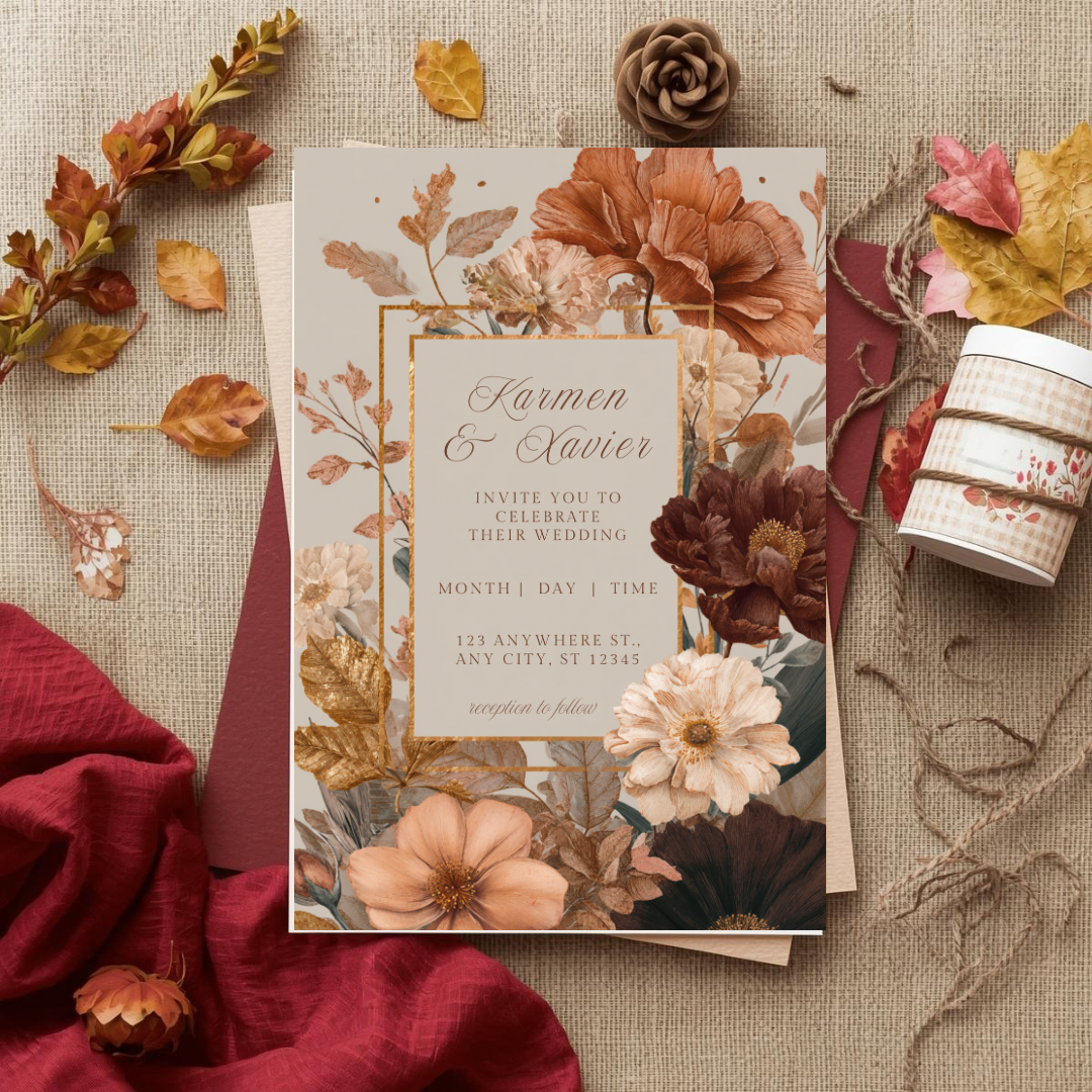 Autumn Floral Wedding Invitation Template | Rust & Cream Printable | Elegant Canva Design