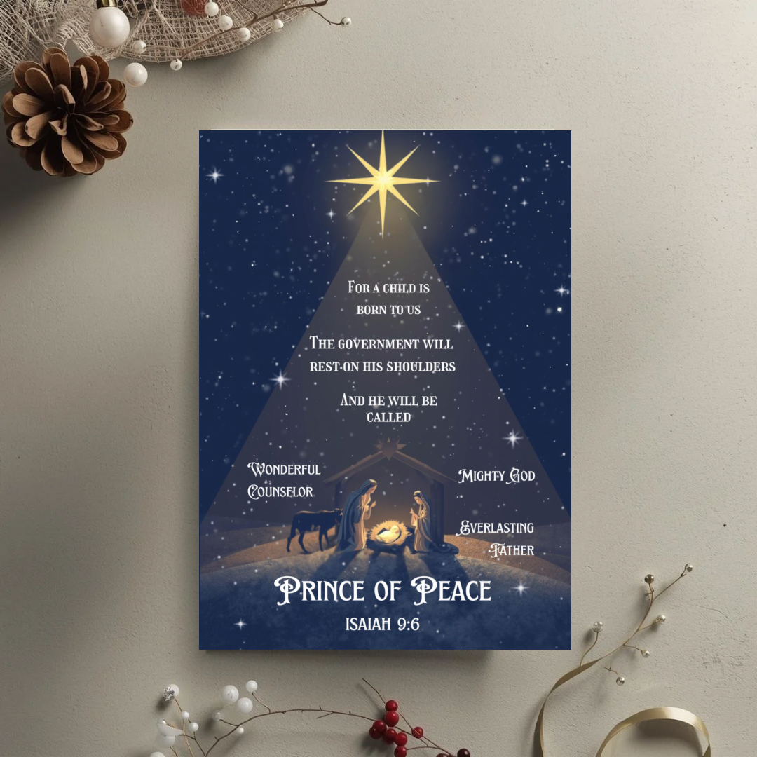 Christian Christmas Card Isaiah 9:6 | Blue & Gold Scripture Christmas Card | Editable Canva Template | Printable Religious Holiday Card