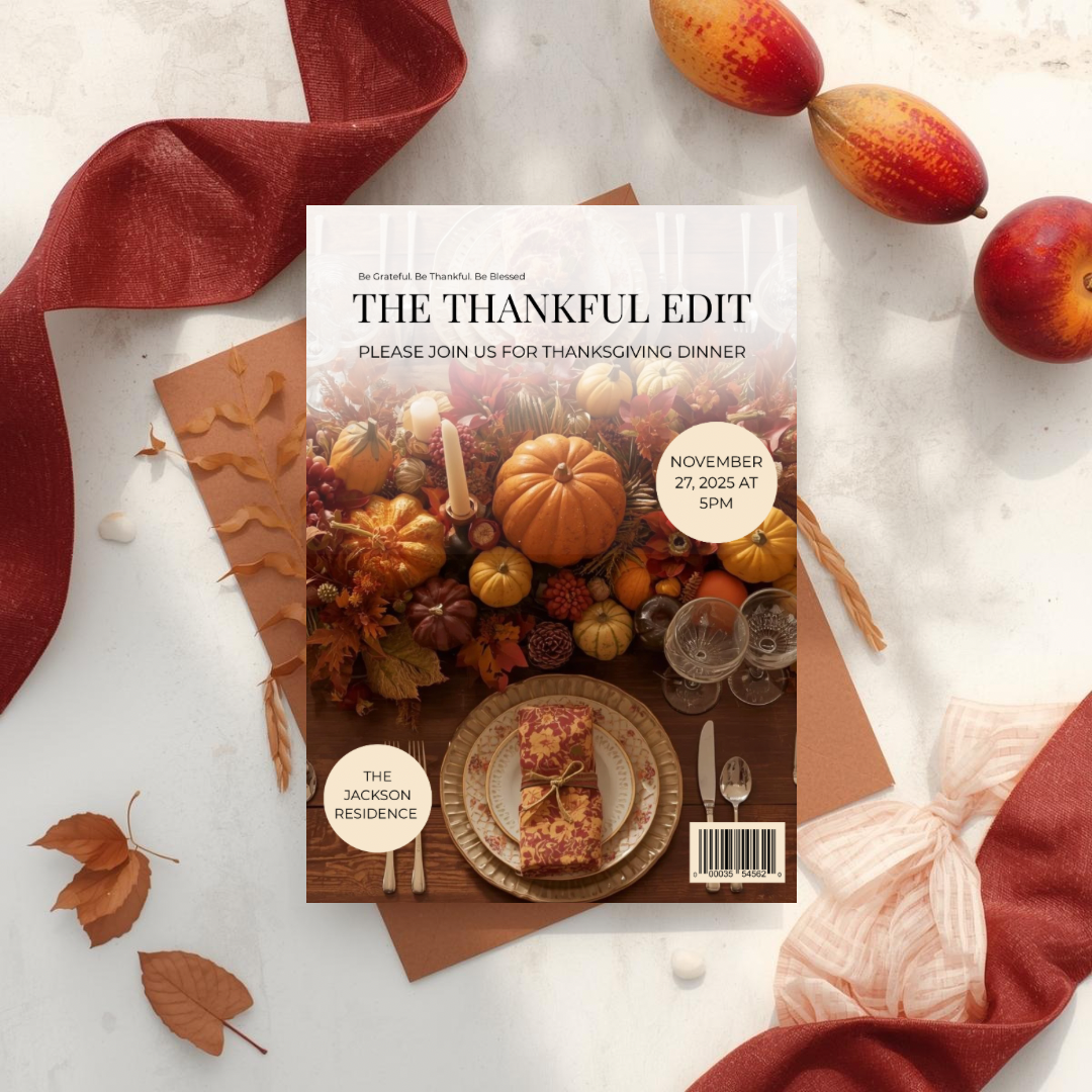 The Thankful Edit | Magazine Style Thanksgiving Invitation Template
