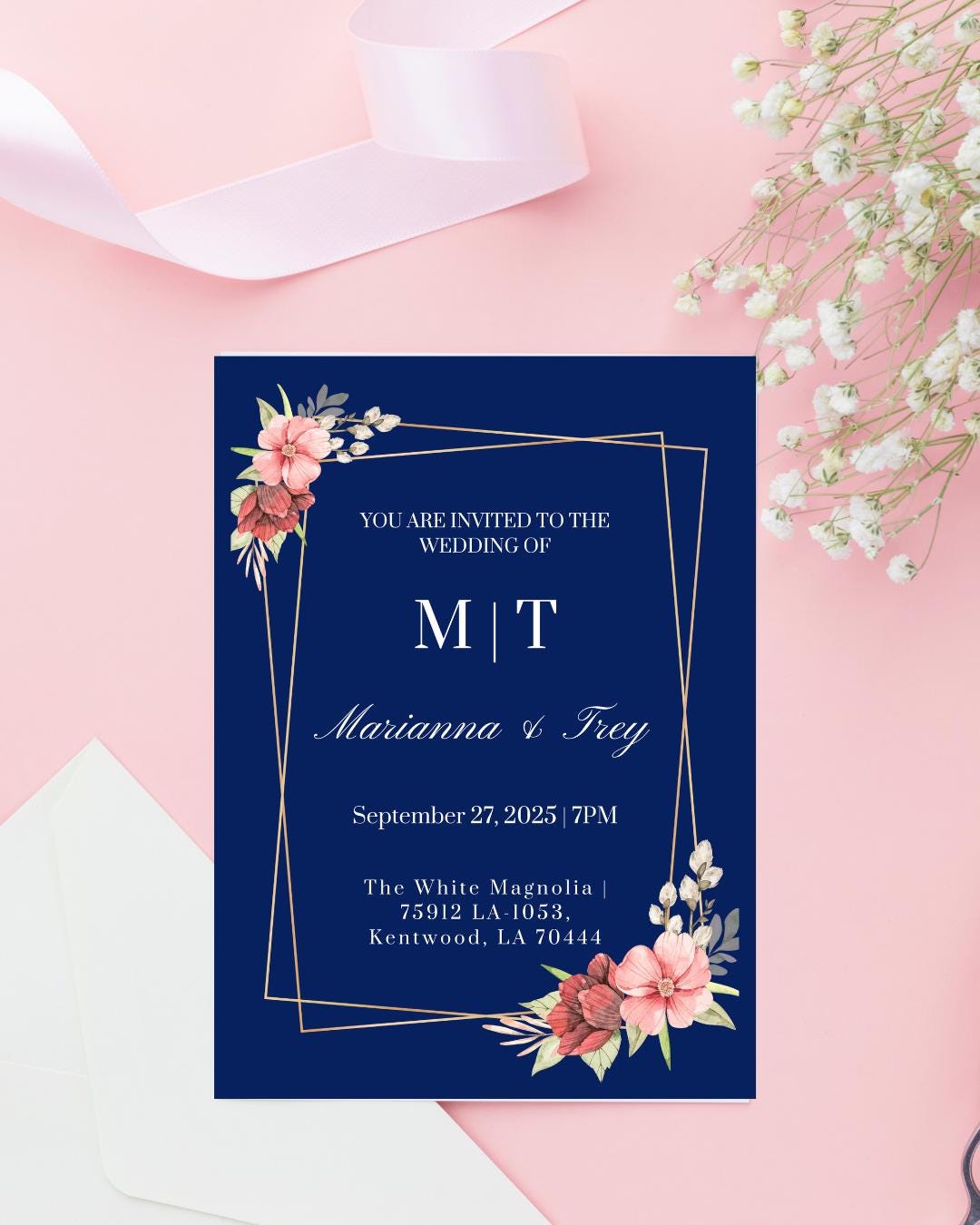 Navy Blue Floral Wedding Invitation Template | Blush & Gold Geometric Canva Invite