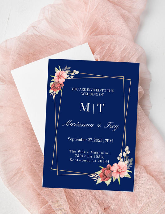 Navy Blue Floral Wedding Invitation Template | Blush & Gold Geometric Canva Invite