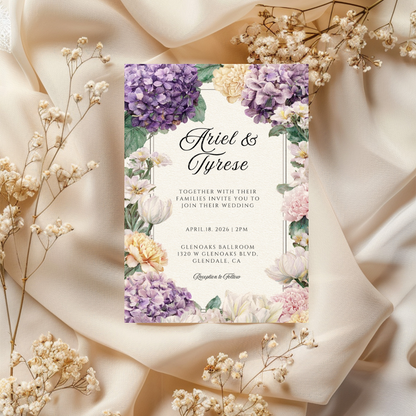 Purple & Yellow Floral Wedding Invitation Template | Printable Canva Design | Elegant Cream Invite