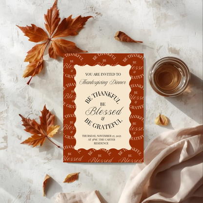 Be Thankful Blessed and Grateful Thanksgiving Invitation Template | Friendsgiving Dinner Party Invite | Fall Gathering Editable Canva Template