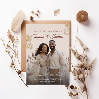 Boho Wedding Invitation Template | Neutral Field Canva Photo Design