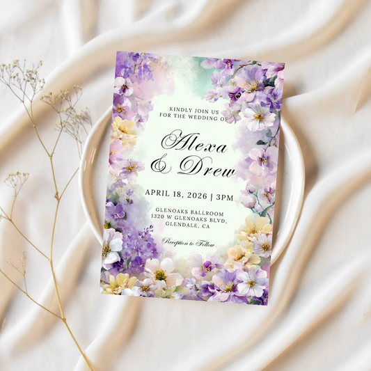 Purple Floral Wedding Invitation Template | Watercolor Pastel Canva Printable | Spring Garden Invite