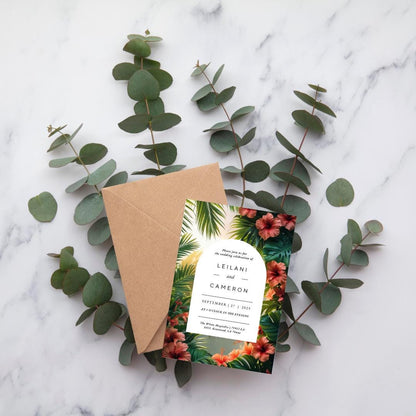 Tropical Floral Wedding Invitation Template | Editable Canva Download | Hibiscus & Palm Leaves Summer Invite |
