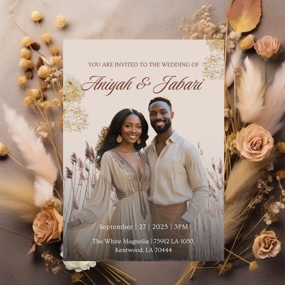 Boho Wedding Invitation Template | Neutral Field Canva Photo Design