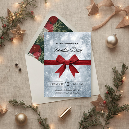 Classic Holiday Party Invitation – Red Bow & Snowflakes Canva Template