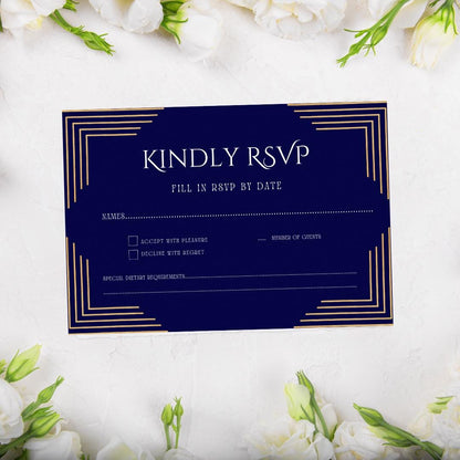 Royal Blue & Gold Wedding Invitation and RSVP Cards  Template | Art Deco Canva Design