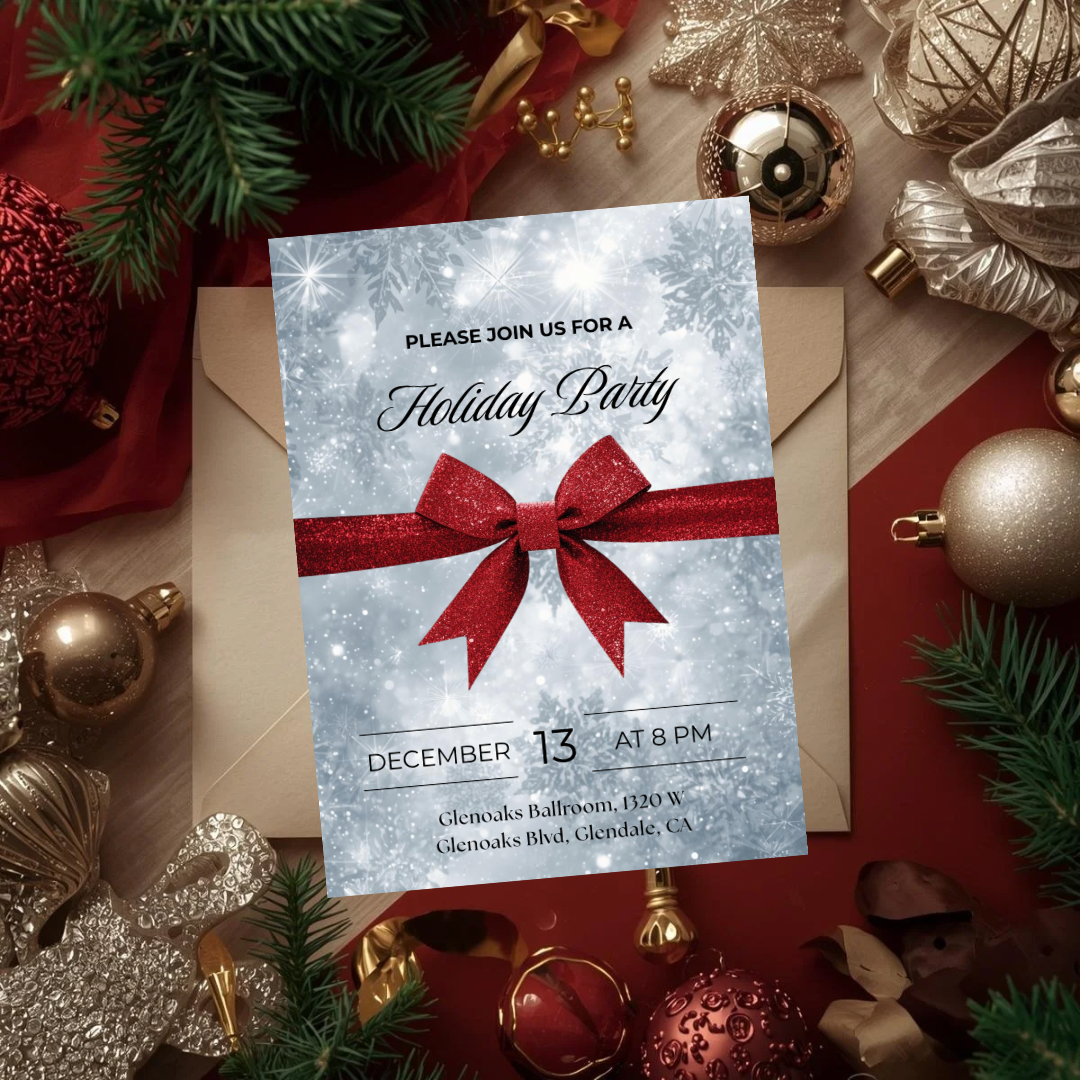 Classic Holiday Party Invitation – Red Bow & Snowflakes Canva Template