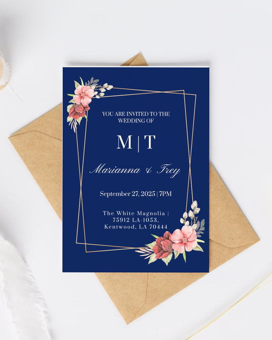 Navy Blue Floral Wedding Invitation Template | Blush & Gold Geometric Canva Invite