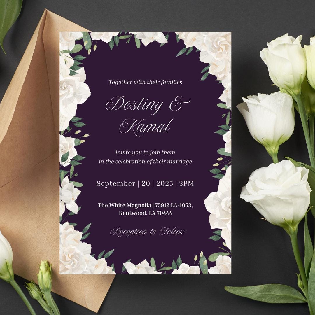 Elegant White Floral Wedding Invitation Template | Plum  & Ivory Digital Invite | Editable Canva Template