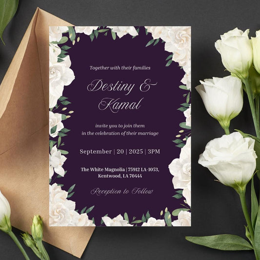 Elegant White Floral Wedding Invitation Template | Plum  & Ivory Digital Invite | Editable Canva Template