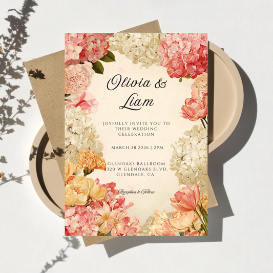 Romantic Floral Wedding Invitation Template | Peach & Pink Printable | Elegant Canva Design