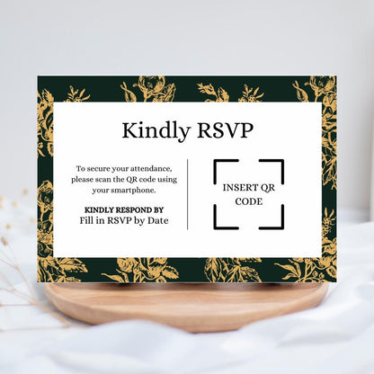 Emerald and Gold Floral Wedding Invitation and RSVP Cards Template