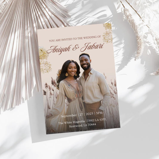 Boho Wedding Invitation Template | Neutral Field Canva Photo Design