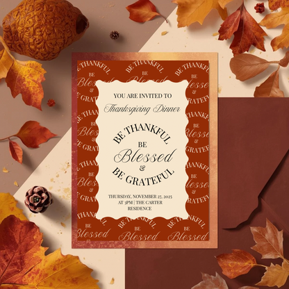 Be Thankful Blessed and Grateful Thanksgiving Invitation Template | Friendsgiving Dinner Party Invite | Fall Gathering Editable Canva Template