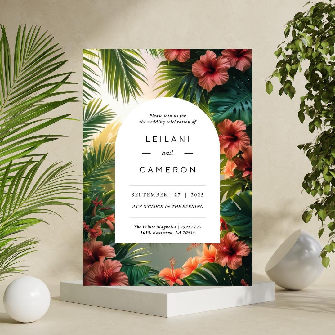 Tropical Floral Wedding Invitation Template | Editable Canva Download | Hibiscus & Palm Leaves Summer Invite |