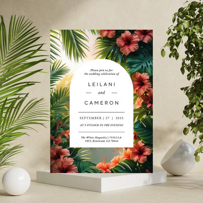 Tropical Floral Wedding Invitation Template | Editable Canva Download | Hibiscus & Palm Leaves Summer Invite |