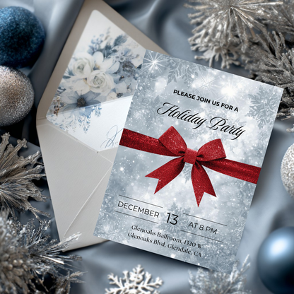 Classic Holiday Party Invitation – Red Bow & Snowflakes Canva Template